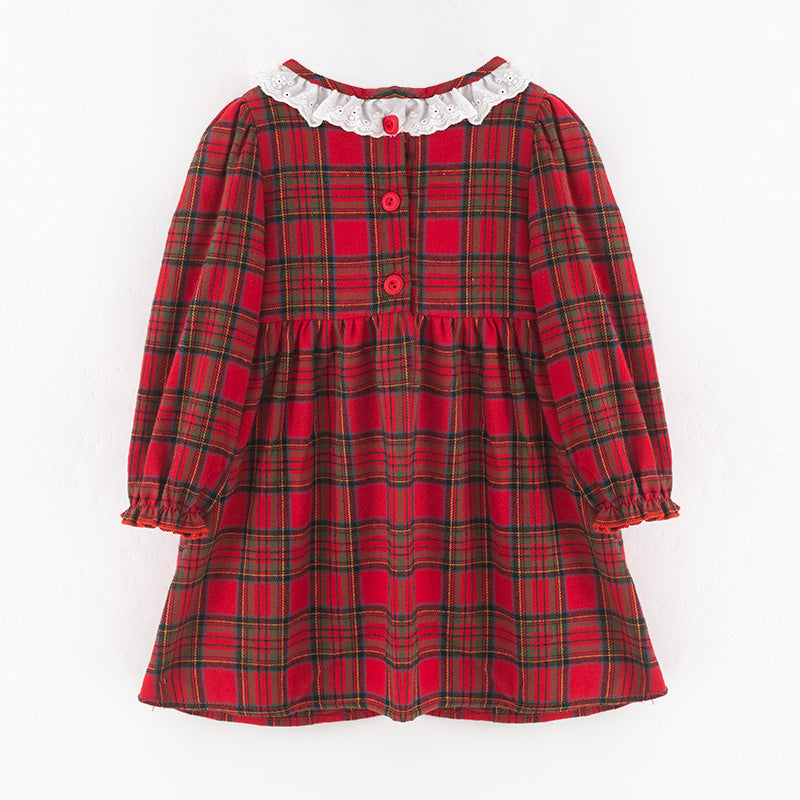 Girls Christmas Red & Black Plaid Lace Dress