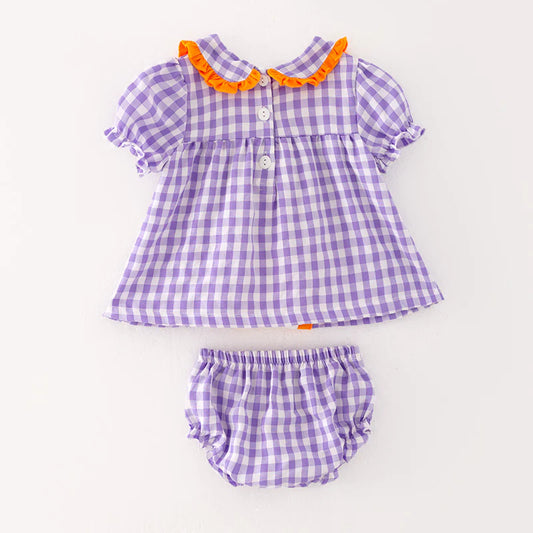 Baby Halloween Purple Orange Bow Ghost Embroidery Romper Set