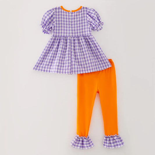 Girls Halloween Purple Orange Bow Ghost Embroidery Pant Set