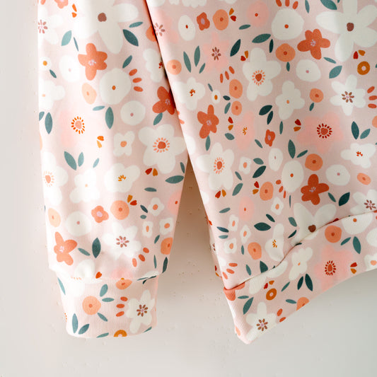 Girls Fall Winter Coral Pink Floral Print Long Sleeves Pant Set