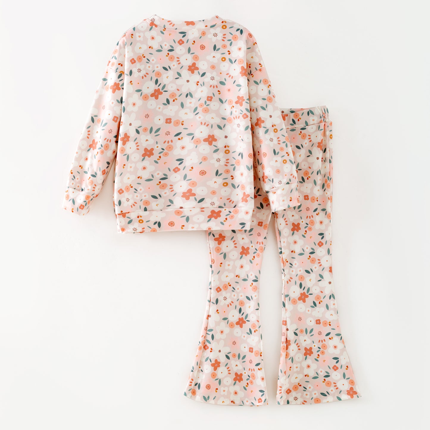Girls Fall Winter Coral Pink Floral Print Long Sleeves Pant Set