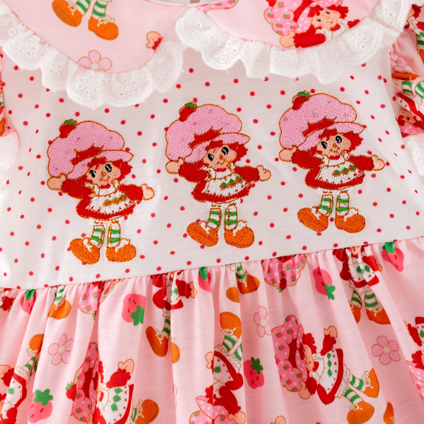 Girls Sister Summer Strawberry Pink Lace Embroidery Dress & Bubble