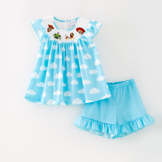Kids Blue Cloud Cartoon Embroidery Smocked Sibling Clothes Collection