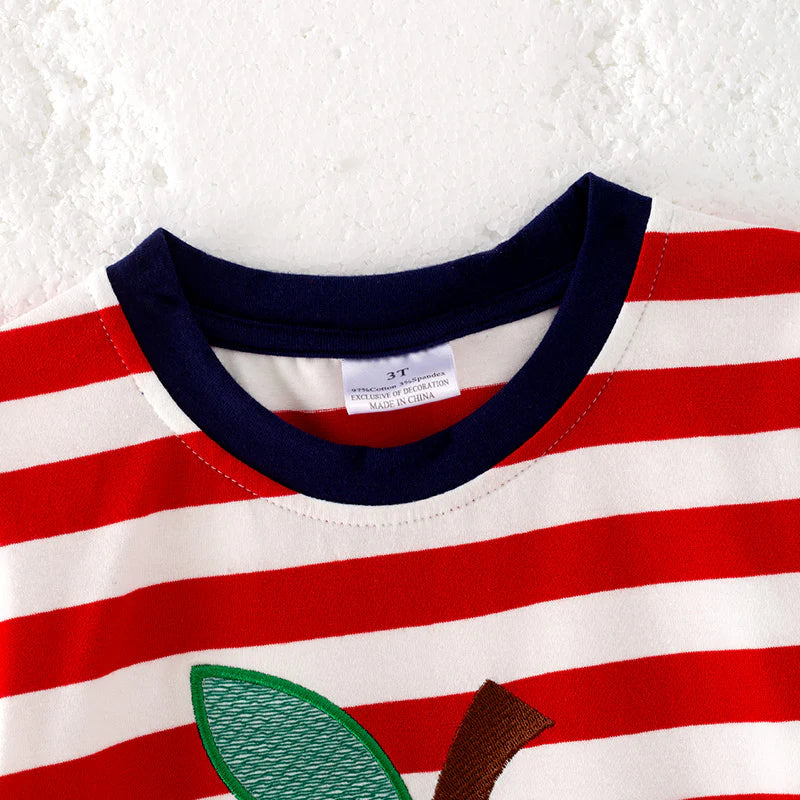 Boys Back To School Red Stripes Apple Applique T-Shirt