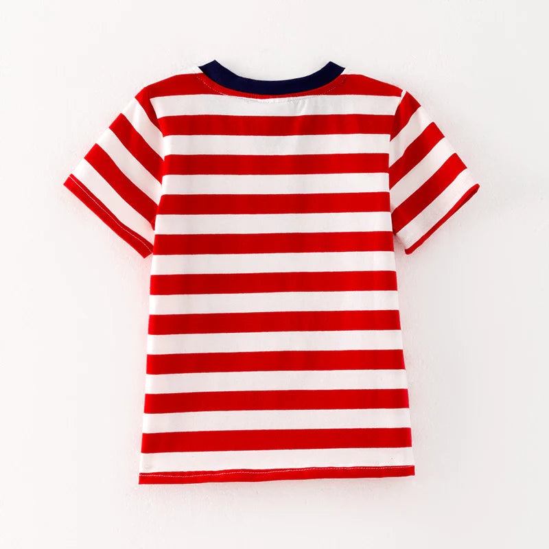 Boys Back To School Red Stripes Apple Applique T-Shirt
