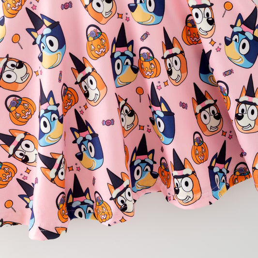 Girls Fall Halloween Bluey Cartoon Pink Short Sleeves Twirl Dress