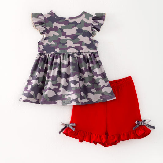 Girls 4th Of July Camo USA Flag Red Short Set