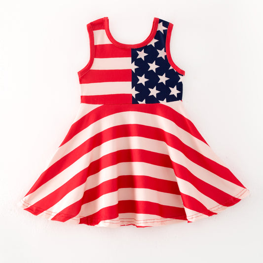 Girls 4th Of July Red Stripes Navy Star Dress