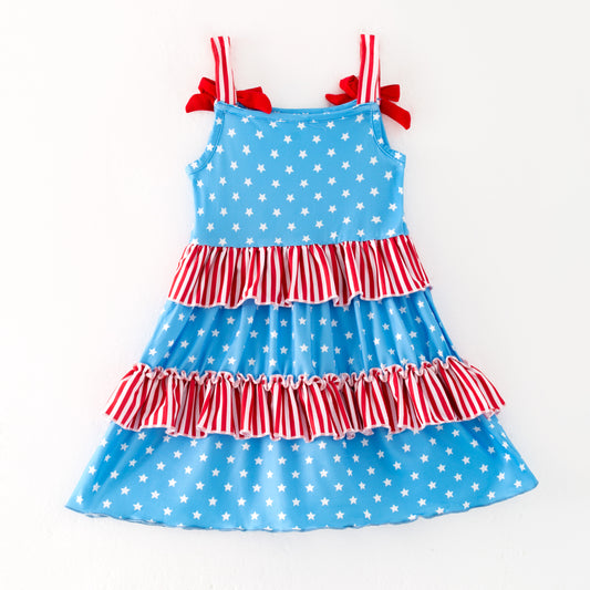 Girls 4th Of July Blue Dot Red Stripes Patchwork Dress