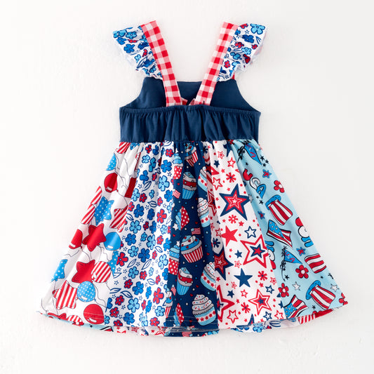 Girls 4th Of July Blue Red Independence Print Dress