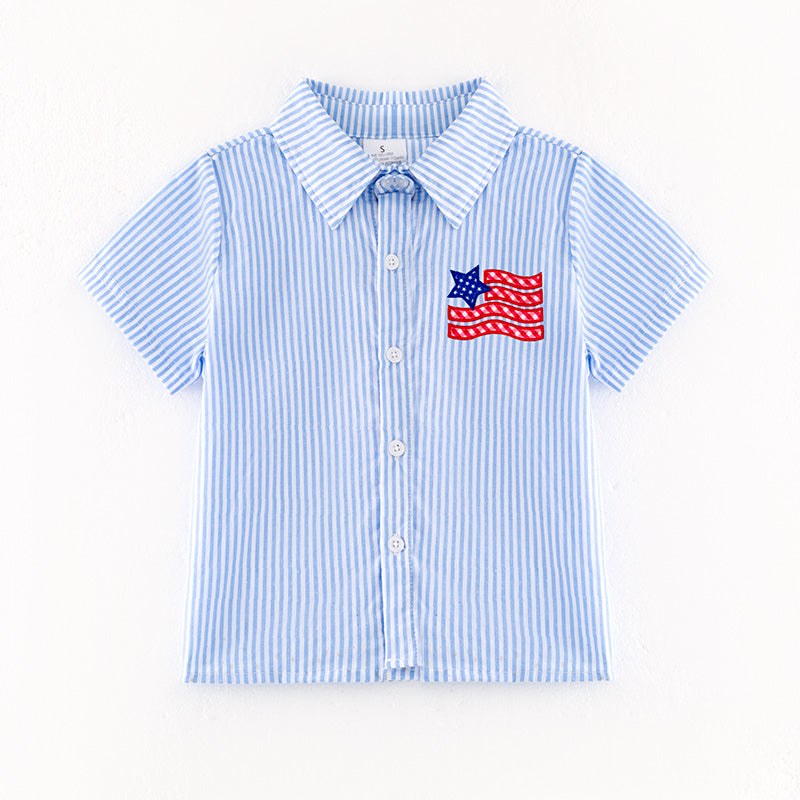 Boys July 4th Blue Stripes Flag Embroidered Shirt