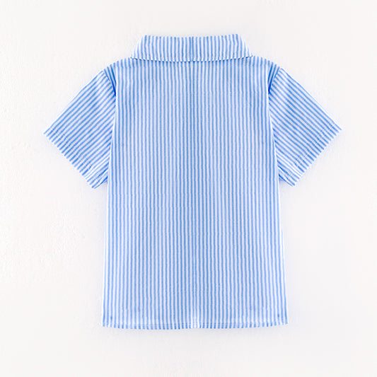 Boys July 4th Blue Stripes Flag Embroidered Shirt