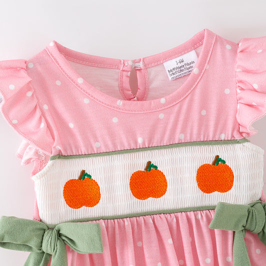 Baby Girls Halloween Fall Pumpkin Embroidery Smock Pink Bubbles