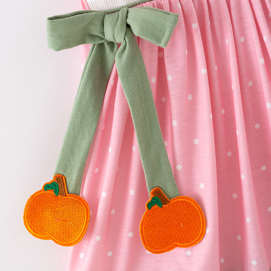 Girls Halloween Fall Pumpkin Embroidery Smock Pink Dress