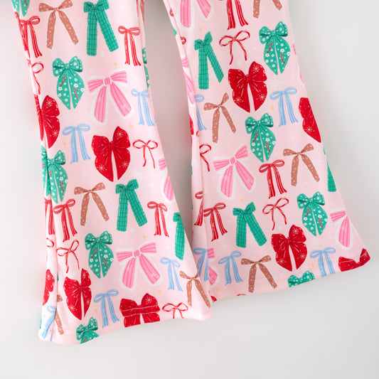 Girls Christmas Winter Green Pink Bow Long Sleeves Pant Set
