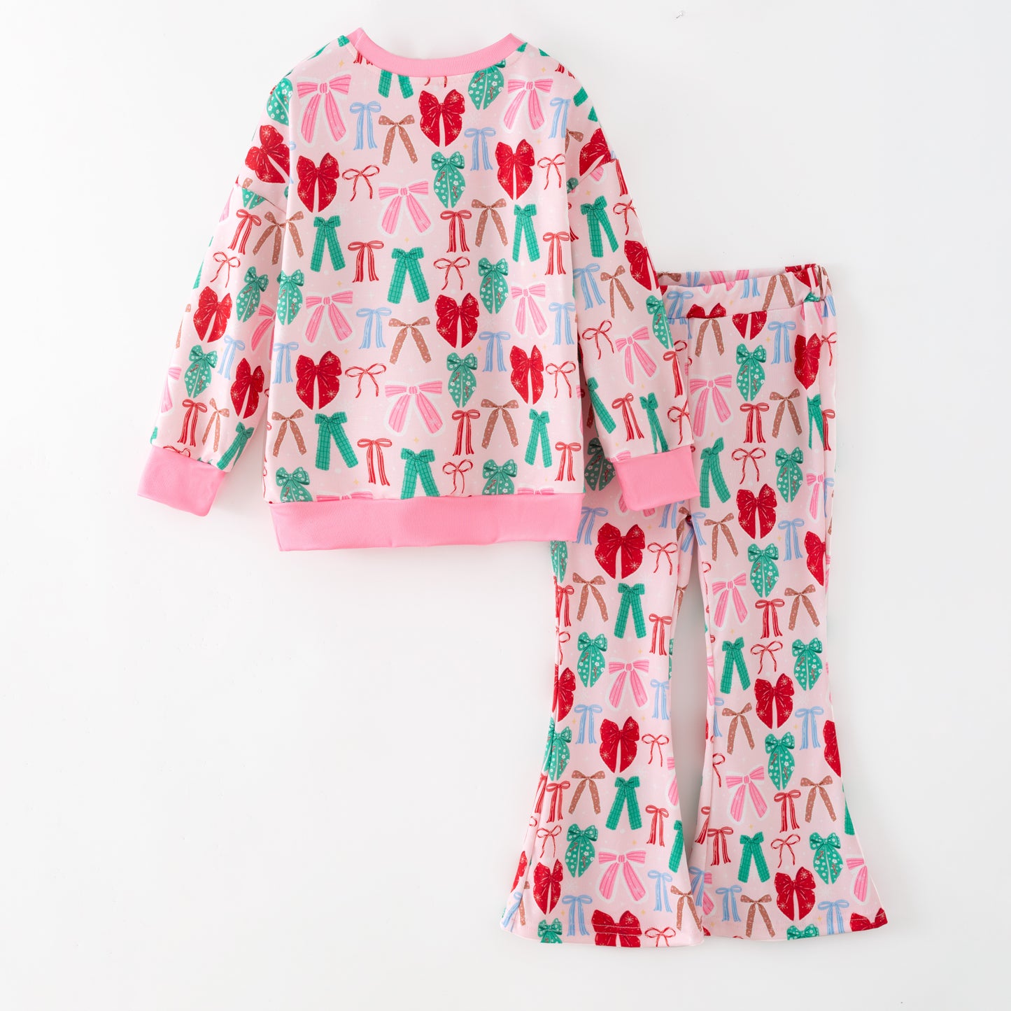 Girls Christmas Winter Green Pink Bow Long Sleeves Pant Set