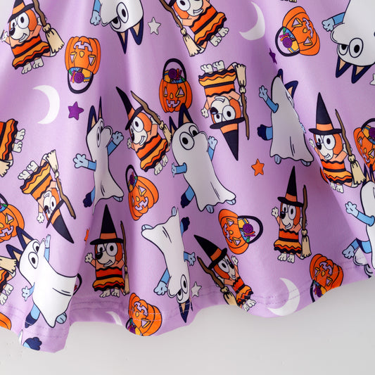 Girls Halloween Purple Ghost Pumpkin Bluey Twirl Dress