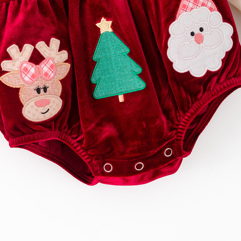 Christmas Velvet Dress & Romper Set with Embroidery – Reindeer, Tree & Santa