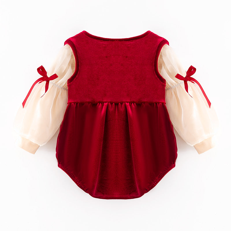 Christmas Velvet Dress & Romper Set with Embroidery – Reindeer, Tree & Santa