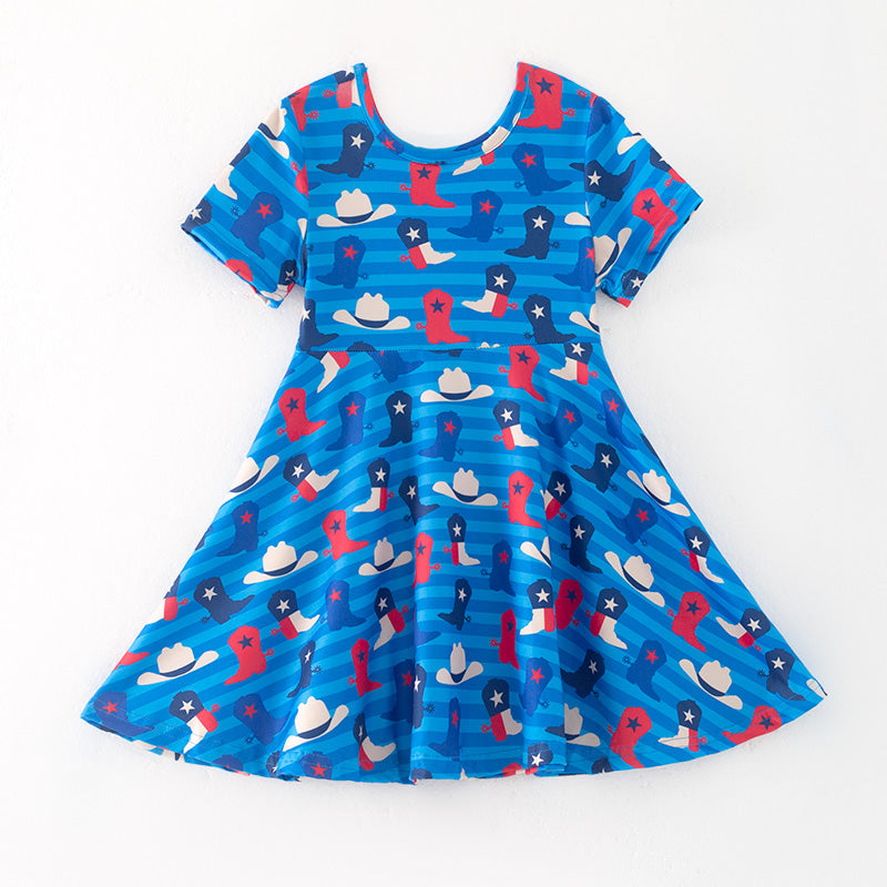 Girls July 4th Red Blue Boots Hat Print Twirl Dress
