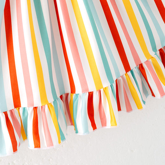 Girls Summer Colorful Stripes Short Sleeves Twirl Dress
