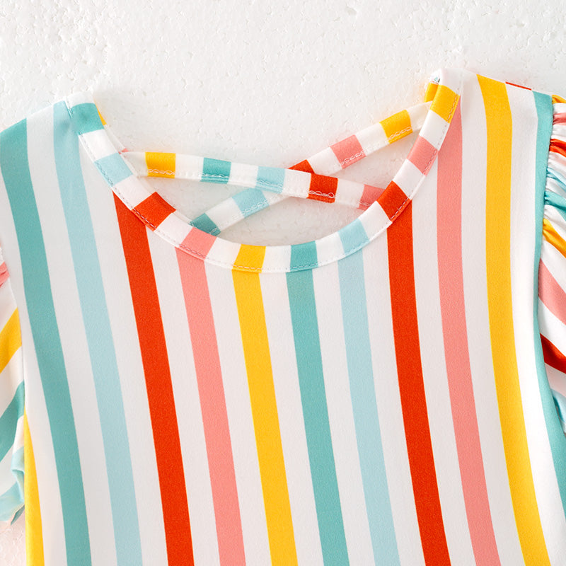 Girls Summer Colorful Stripes Short Sleeves Twirl Dress