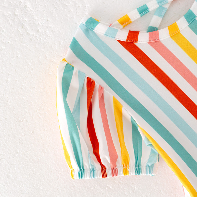 Girls Summer Colorful Stripes Short Sleeves Twirl Dress