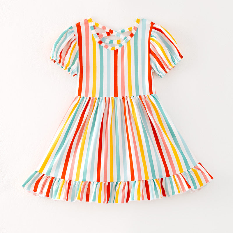 Girls Summer Colorful Stripes Short Sleeves Twirl Dress