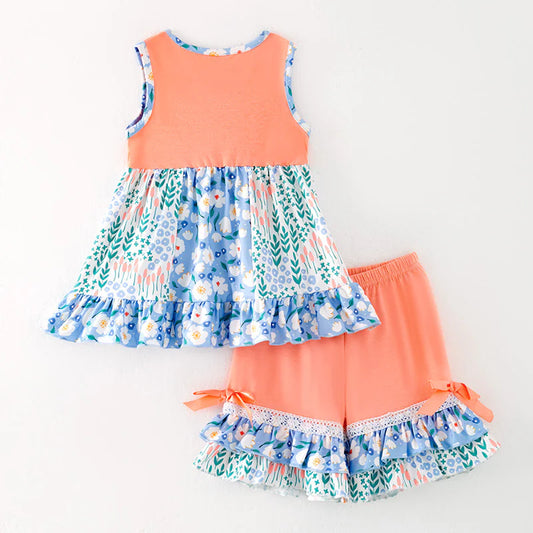 Toddler Girls Summer Floral Coral Ruffled Short Set