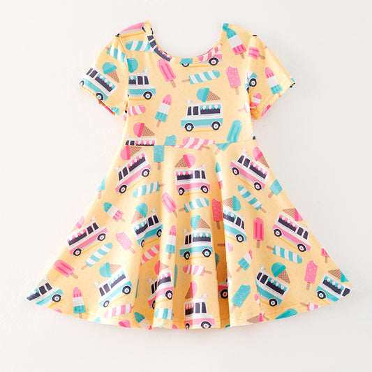Summer Girls Bus Popsicle Print Milk Silk Dress