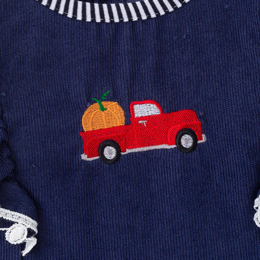 Girls Fall Halloween Pumpkin Embroidery Blue Stripes Dress