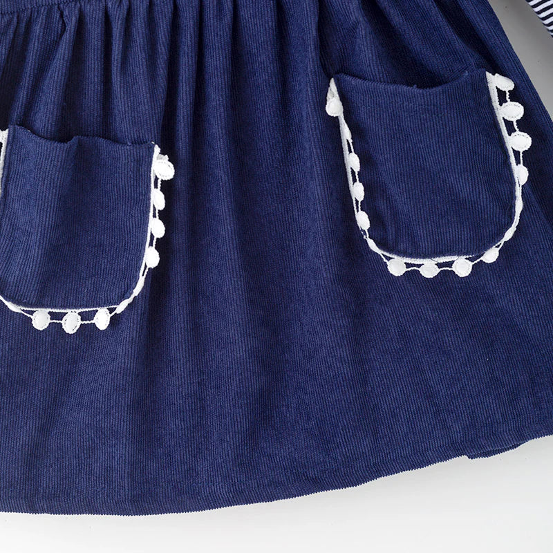 Girls Fall Halloween Pumpkin Embroidery Blue Stripes Dress