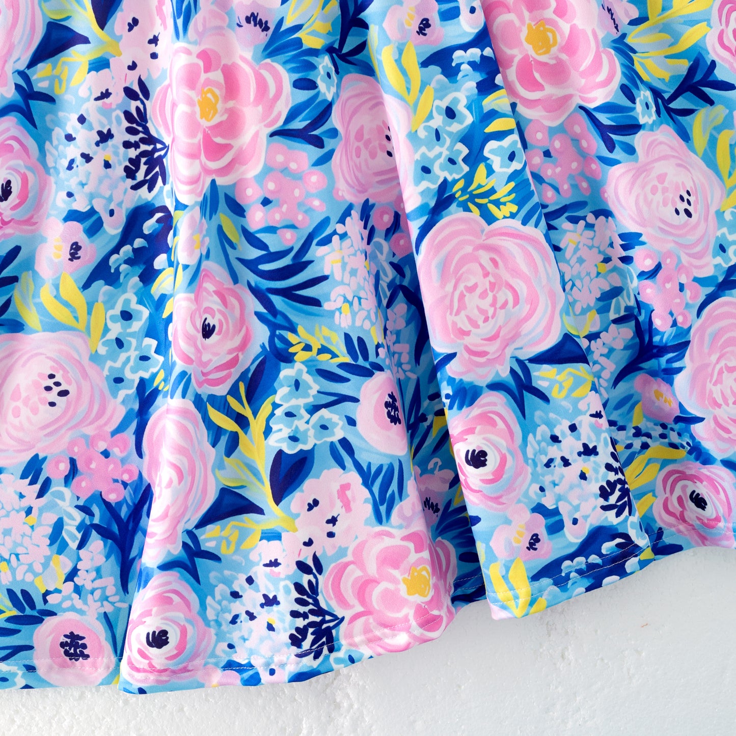 Women Summer Blue Pink Floral Print Milk Silk Soft Dress