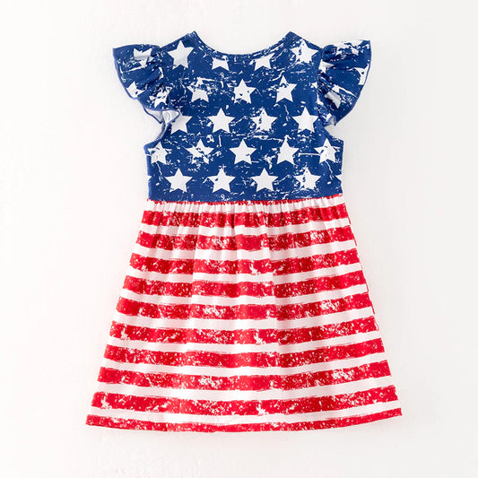 Girls July 4th Red Stripes Blue Star Milk Silk Dress