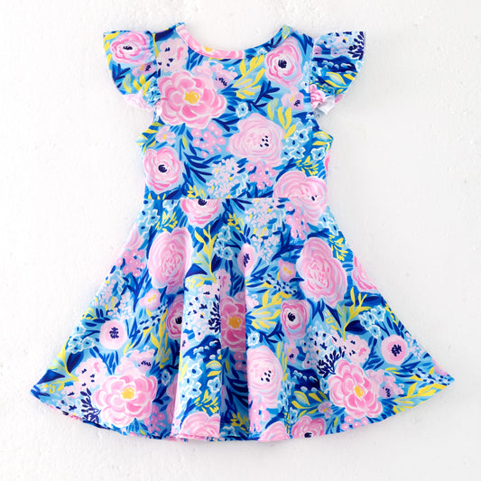 Girls Summer Blue Pink Floral Milk Silk Soft Dress