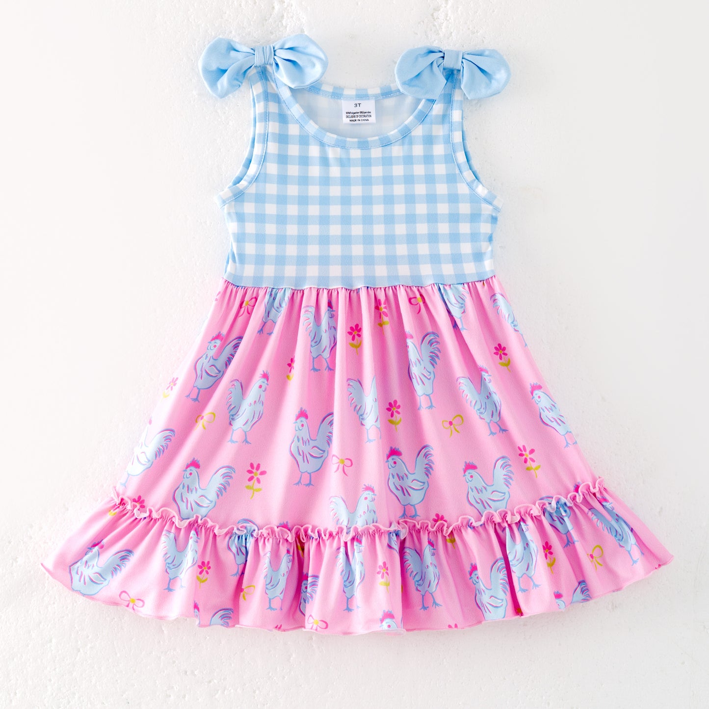 Girls Summer Blue Plaid Chick Farm Print Dress