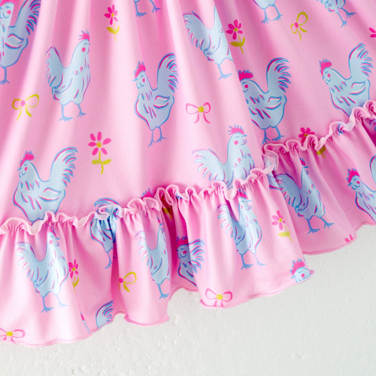 Girls Summer Blue Plaid Chick Farm Print Dress