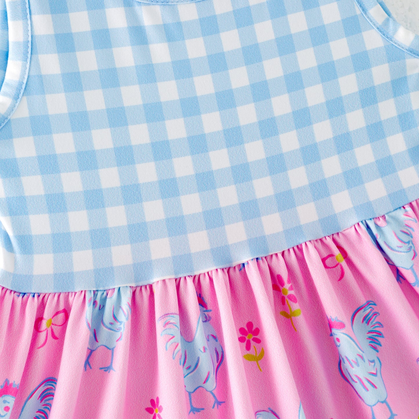 Girls Summer Blue Plaid Chick Farm Print Dress