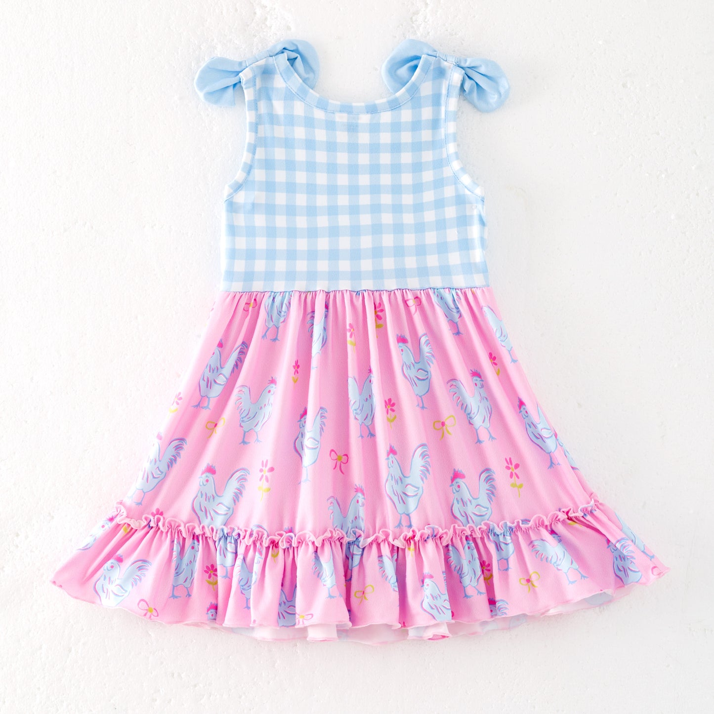 Girls Summer Blue Plaid Chick Farm Print Dress