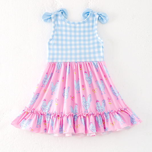 Girls Summer Blue Plaid Chick Farm Print Dress