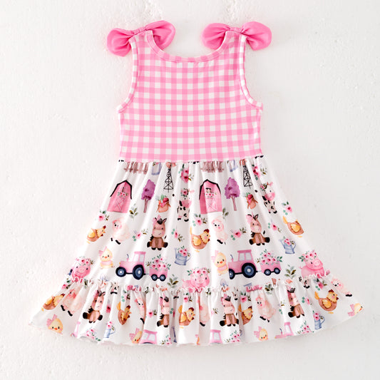 Girls Summer Pink Plaid Farm Print Dress