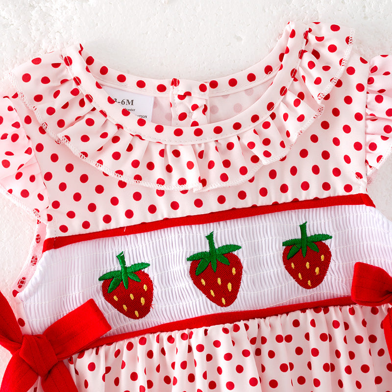 Baby Kids Strawberry Smocked Embroidered Red Dot Romper