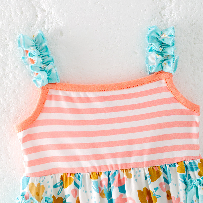 Baby Kids Summer Coral Mint Floral Ruffled Bubbles Romper