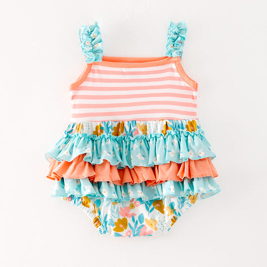 Baby Kids Summer Coral Mint Floral Ruffled Bubbles Romper