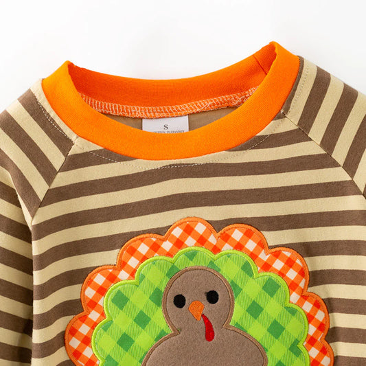 Boys Thanksgiving Day Turkey Embroidered Brown Stripes Top