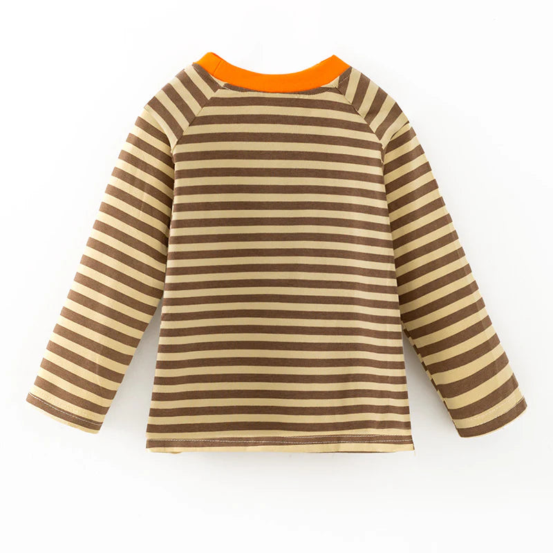 Boys Thanksgiving Day Turkey Embroidered Brown Stripes Top