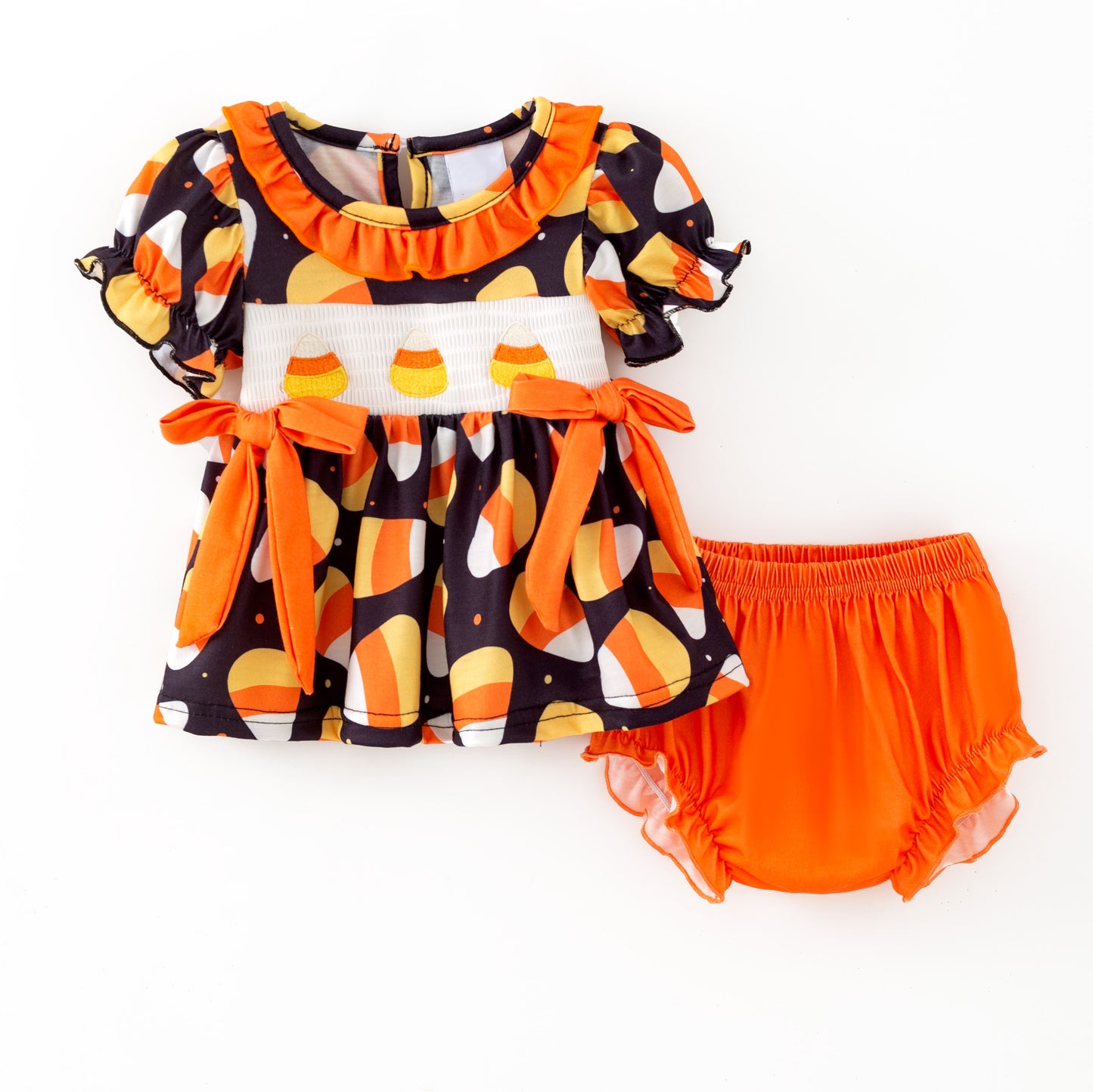 Girls Sister Halloween Corn Smock Embroidery Short & Ropmer Set