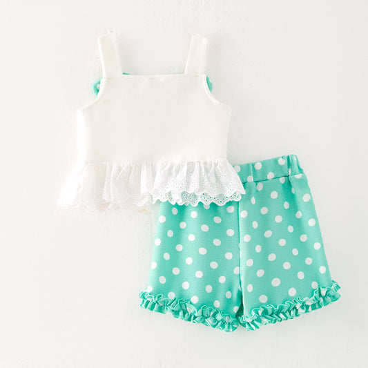 Girls Summer Mint Dot Ice-cream Applique Short Set