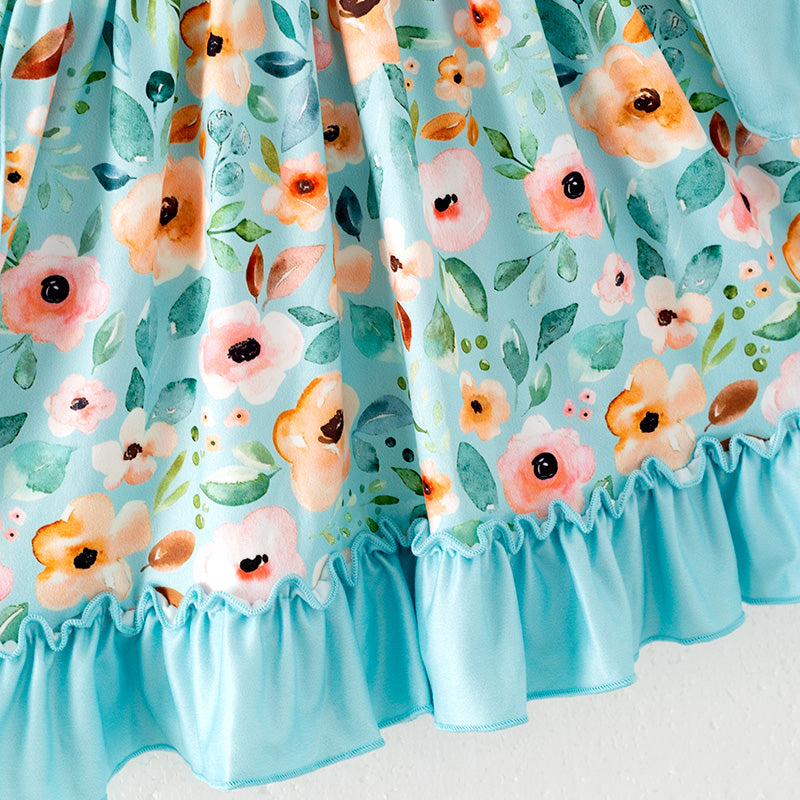 Girls Summer Blue Floral Pocket Short Sleeves Dress