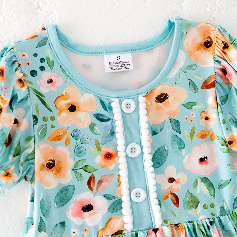 Girls Summer Blue Floral Pocket Short Sleeves Dress